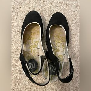 Fly London Black and White Ylux Wedge Sandal